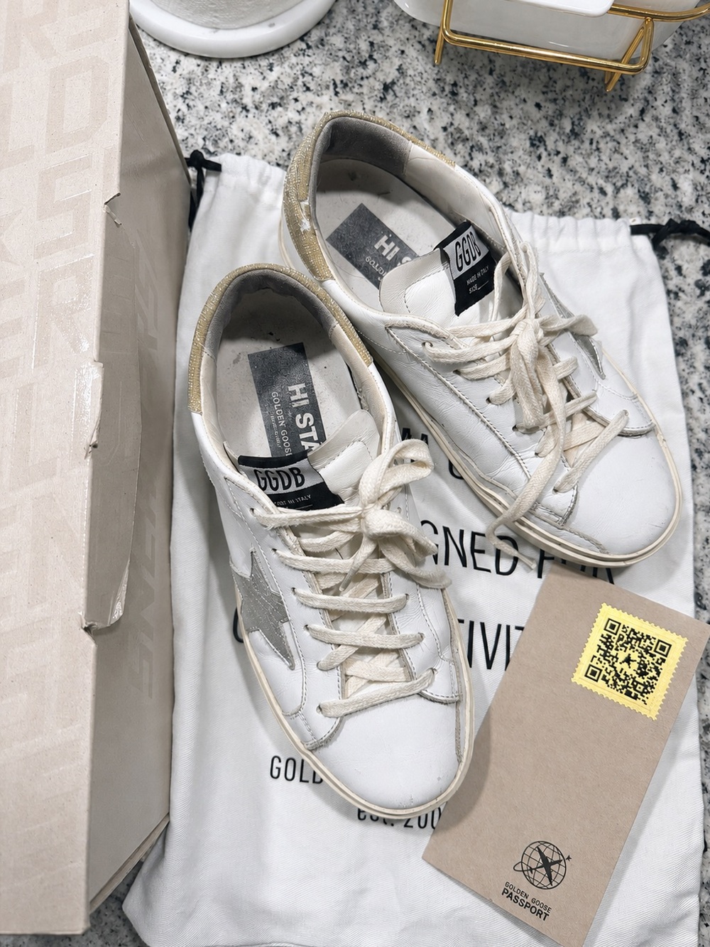 Golden Goose White Leather with box, passport and dust bag